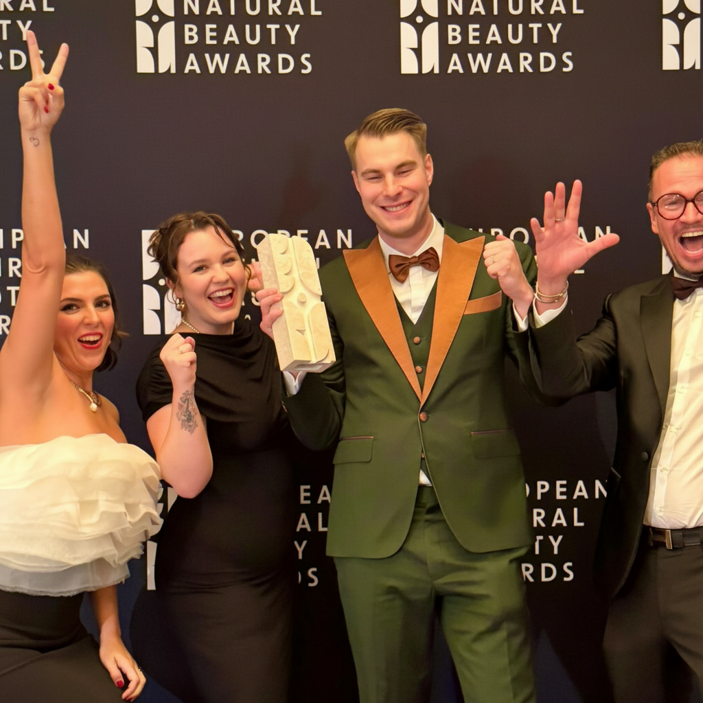Group of people celebrating with a trophy at the Natural Beauty Awards.